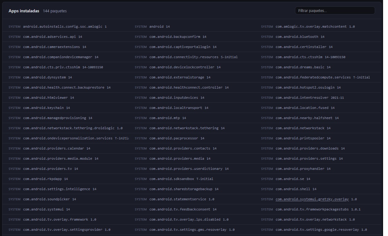 Inventario completo de apps instaladas en un dispositivo en AdminSTB